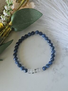 Faceted Blue Bead Stretch Bracelet with Clear Accent Beads